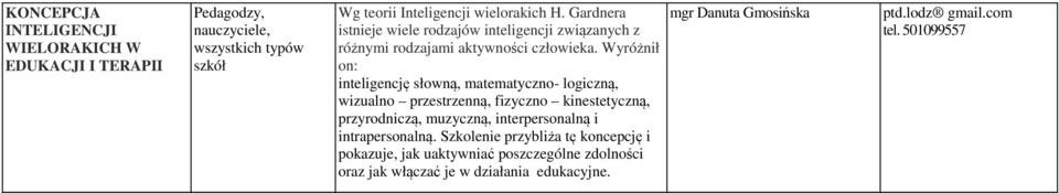 Wyróżnił on: inteligencję słowną, matematyczno- logiczną, wizualno przestrzenną, fizyczno kinestetyczną, przyrodniczą,