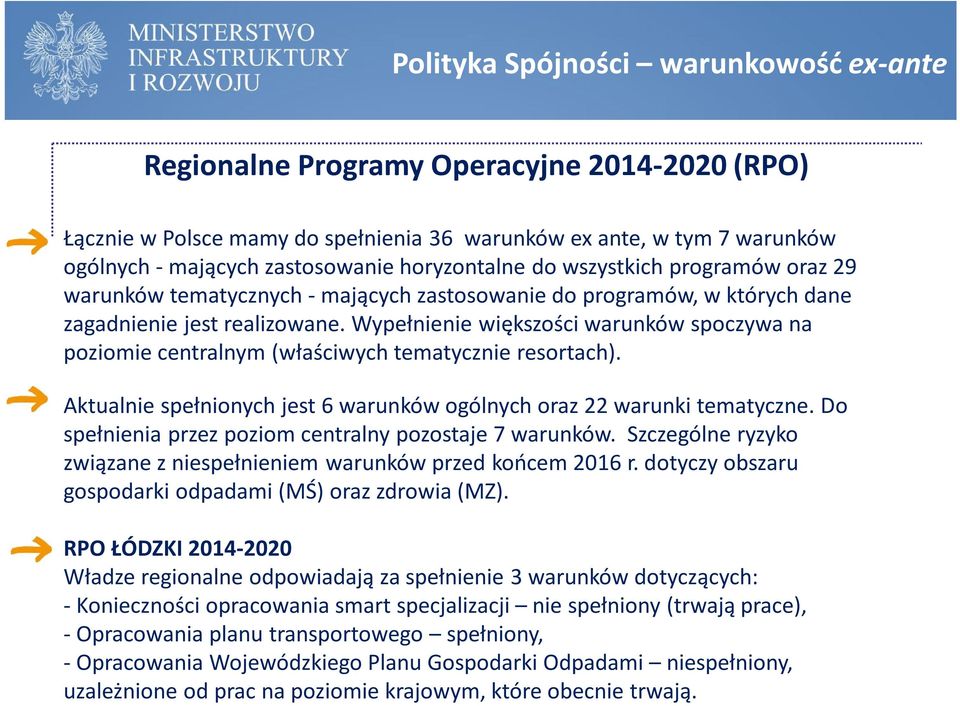 Wypełnienie większości warunków spoczywa na poziomie centralnym (właściwych tematycznie resortach). Aktualnie spełnionych jest 6 warunków ogólnych oraz 22 warunki tematyczne.