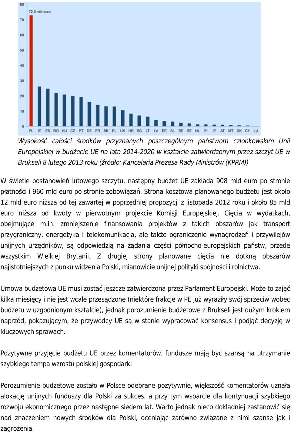Strona kosztowa planowanego budżetu jest około 12 mld euro niższa od tej zawartej w poprzedniej propozycji z listopada 2012 roku i około 85 mld euro niższa od kwoty w pierwotnym projekcie Komisji