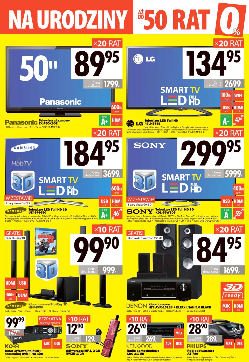 2 pary okularów 3D Telewizor LED Full HD 3D UE46F6650 Procesor dwurdzeniowy Konwersja z 2D do 3D Mega kontrast Dolby Digital Plus HbbTV Przeglądarka internetowa Bluetooth HID CI+ WiFi Anynet+
