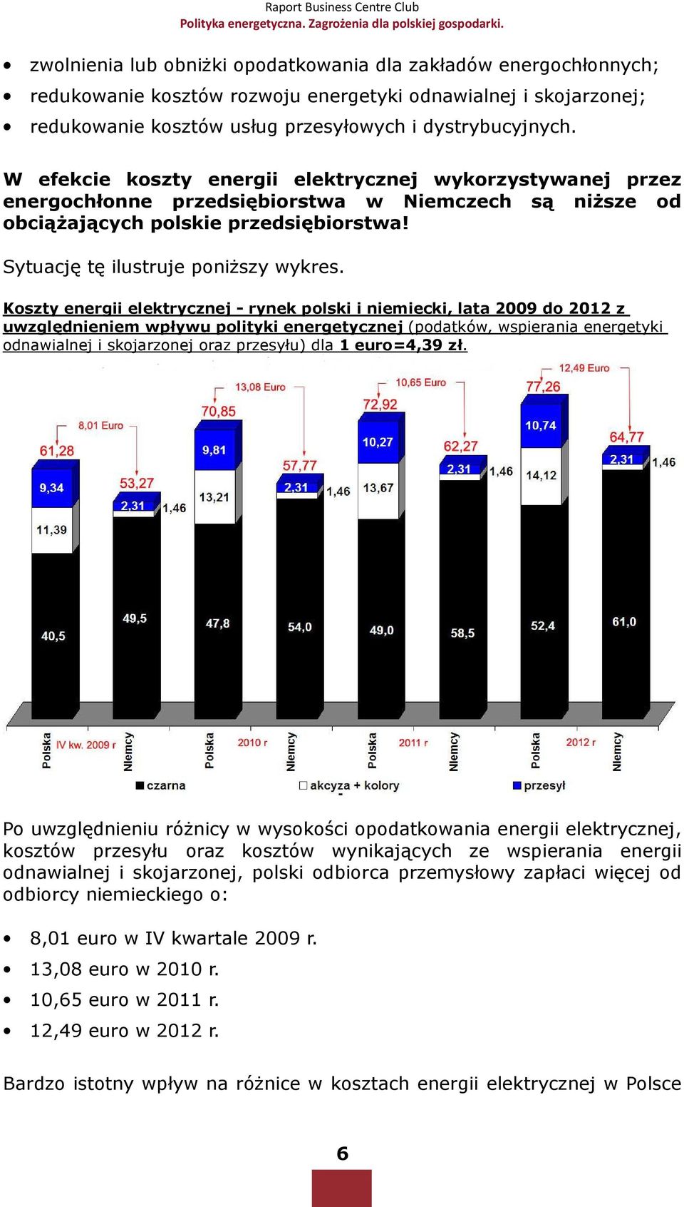 Koszty energii elektrycznej - rynek polski i niemiecki, lata 2009 do 2012 z uwzględnieniem wpływu polityki energetycznej (podatków, wspierania energetyki odnawialnej i skojarzonej oraz przesyłu) dla