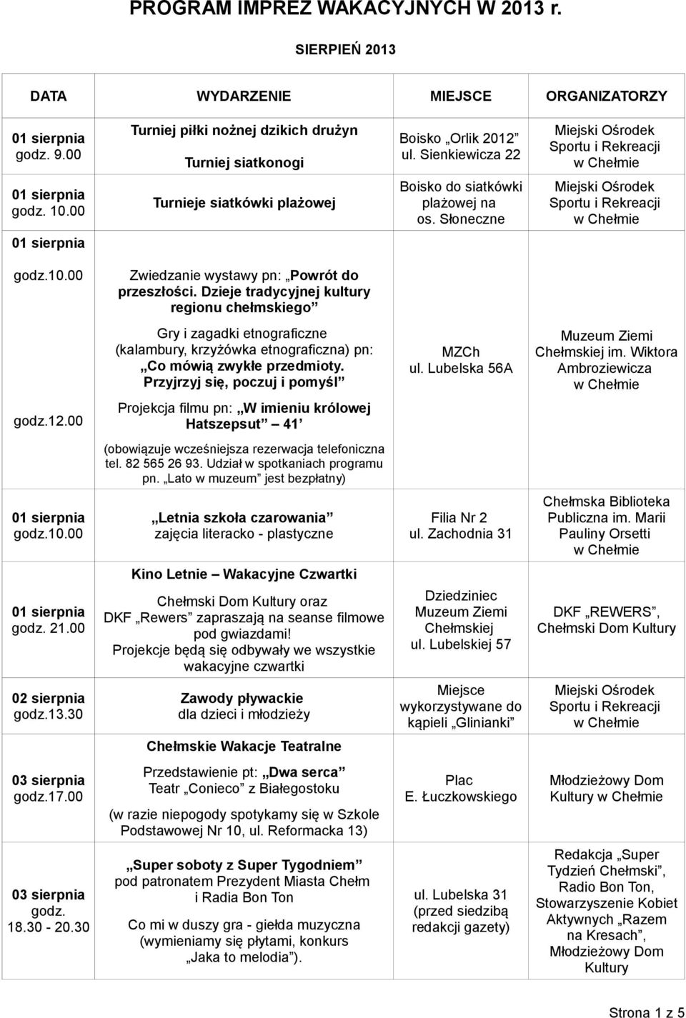 00 Projekcja filmu pn: W imieniu królowej Hatszepsut 41 pn. Lato w muzeum jest bezpłatny) Letnia szkoła czarowania zajęcia literacko - plastyczne 21.00 oraz 02 sierpnia 13.