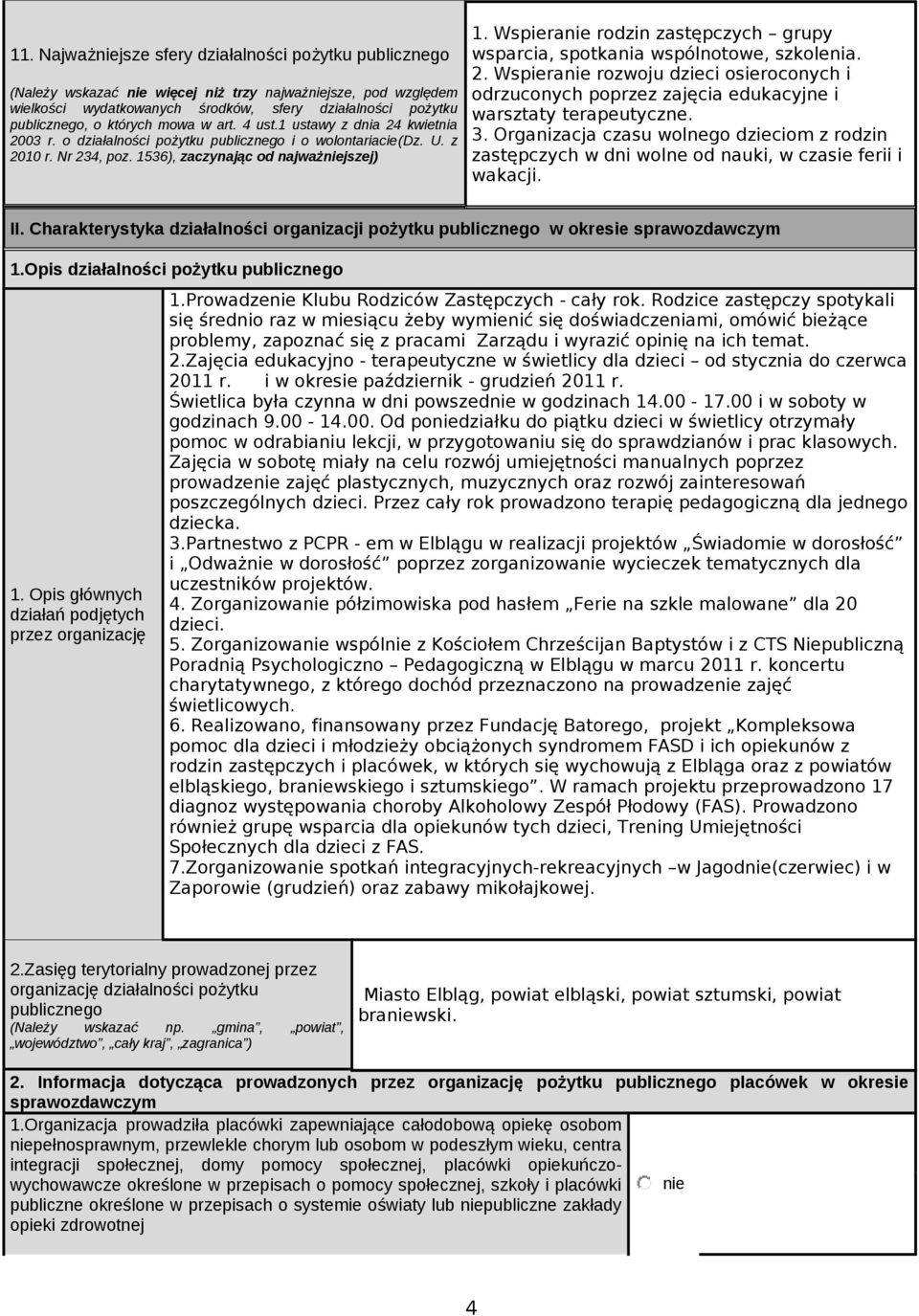 Wspieranie rodzin zastępczych grupy sparcia, spotkania spólnotoe, szkolenia. 2. Wspieranie rozoju dzieci osieroconych i odrzuconych poprzez zajęcia edukacyjne i arsztaty terapeutyczne. 3.