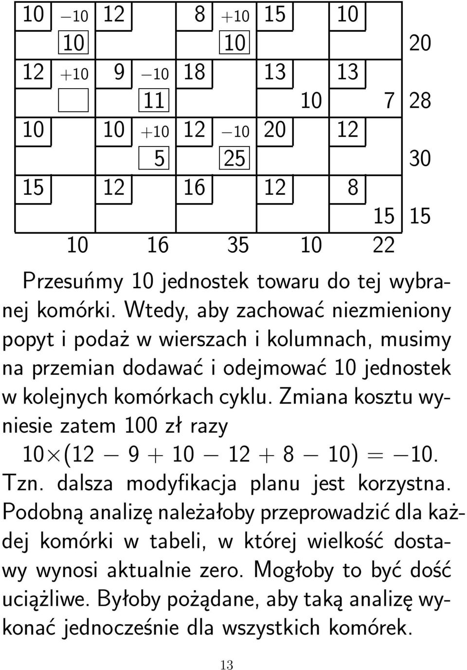 Zmiana kosztu wyniesie zatem 100 zł razy 10 (12 9+10 12 + 8 10) = 10. Tzn. dalsza modyfikacja planu jest korzystna.