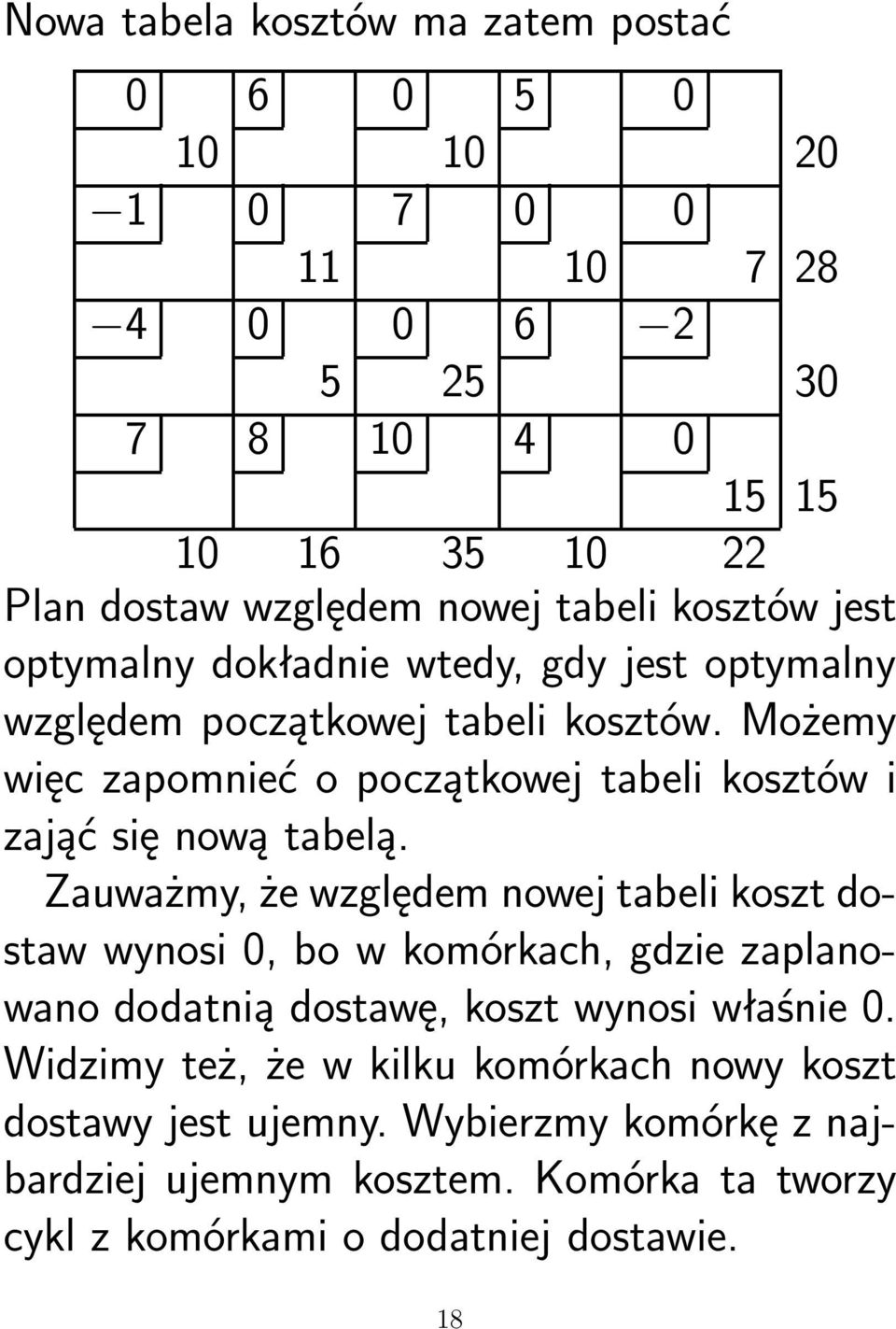 Możemy więc zapomnieć o początkowej tabeli kosztów i zająć się nową tabelą.