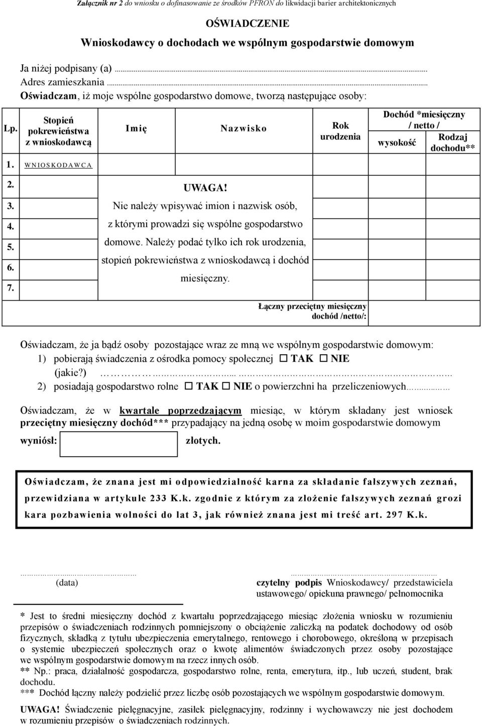 Stopień pokrewieństwa z wnioskodawcą Imię Nazwisko Rok urodzenia Dochód *miesięczny / netto / Rodzaj wysokość dochodu** 1. W N I O S K O D A W CA 2. UWAGA! 3. 4. 5. 6. 7.