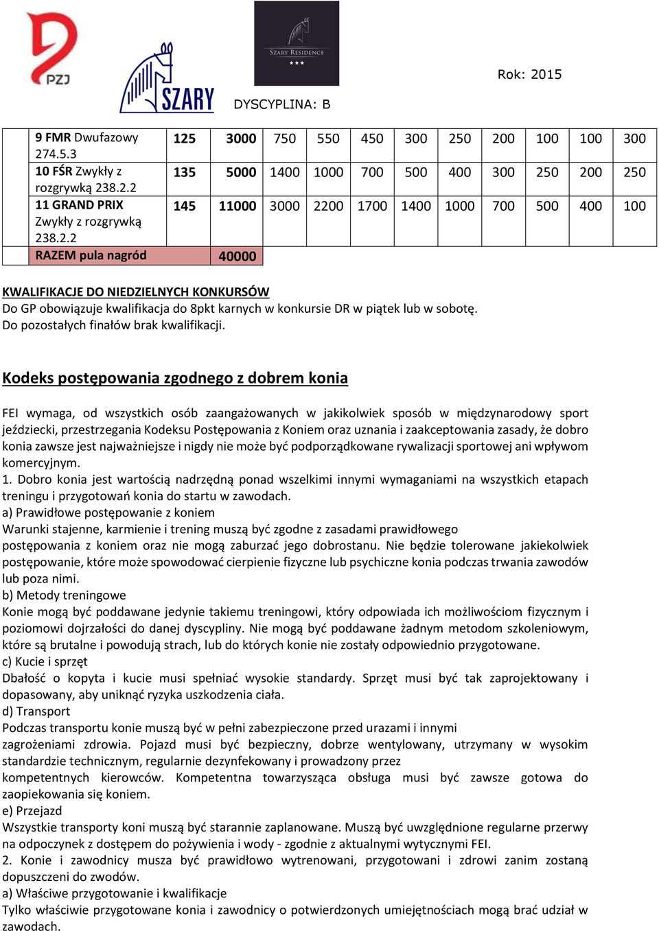 Kodeks postępowania zgodnego z dobrem konia FEI wymaga, od wszystkich osób zaangażowanych w jakikolwiek sposób w międzynarodowy sport jeździecki, przestrzegania Kodeksu Postępowania z Koniem oraz