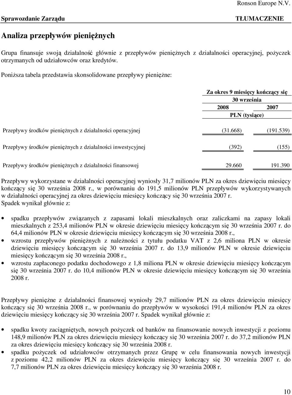 539) Przepływy środków pienięŝnych z działalności inwestycyjnej (392) (155) Przepływy środków pienięŝnych z działalności finansowej 29.660 191.