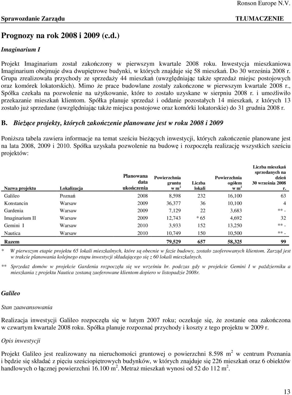 Grupa zrealizowała przychody ze sprzedaŝy 44 mieszkań (uwzględniając takŝe sprzedaŝ miejsc postojowych oraz komórek lokatorskich).