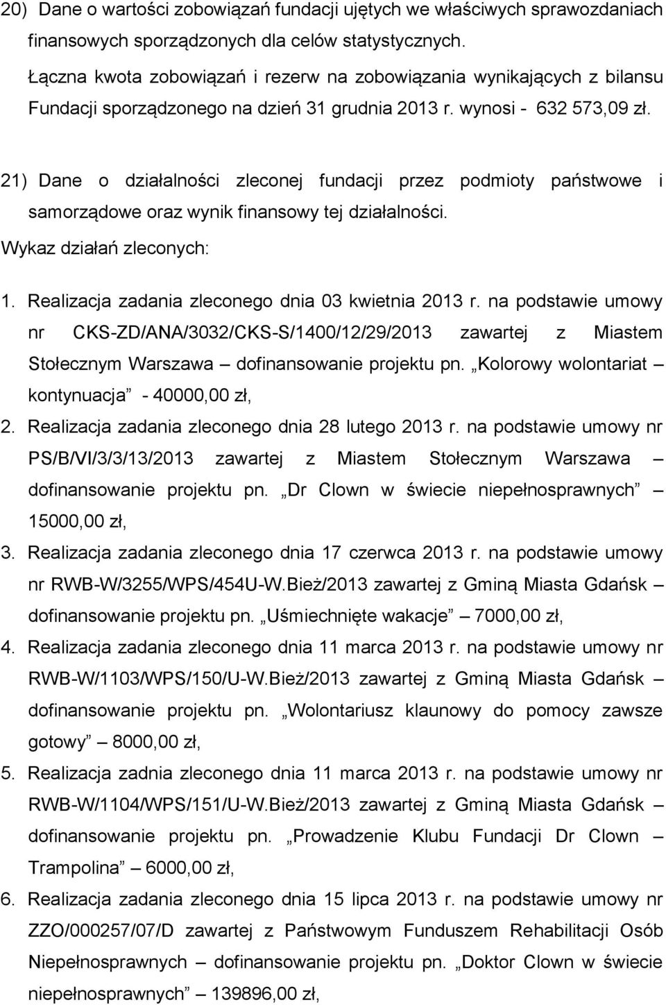 21) Dane o działalności zleconej fundacji przez podmioty państwowe i samorządowe oraz wynik finansowy tej działalności. Wykaz działań zleconych: 1.