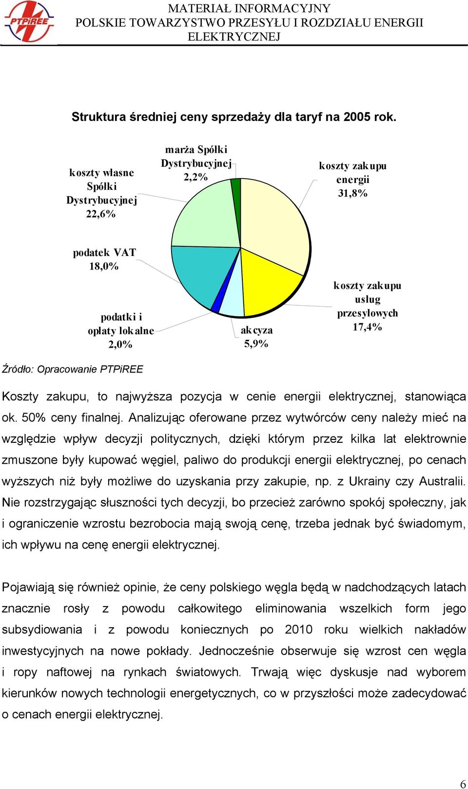 zakupu usług przesyłowych 17,4% Koszty zakupu, to najwyższa pozycja w cenie energii elektrycznej, stanowiąca ok. 50% ceny finalnej.