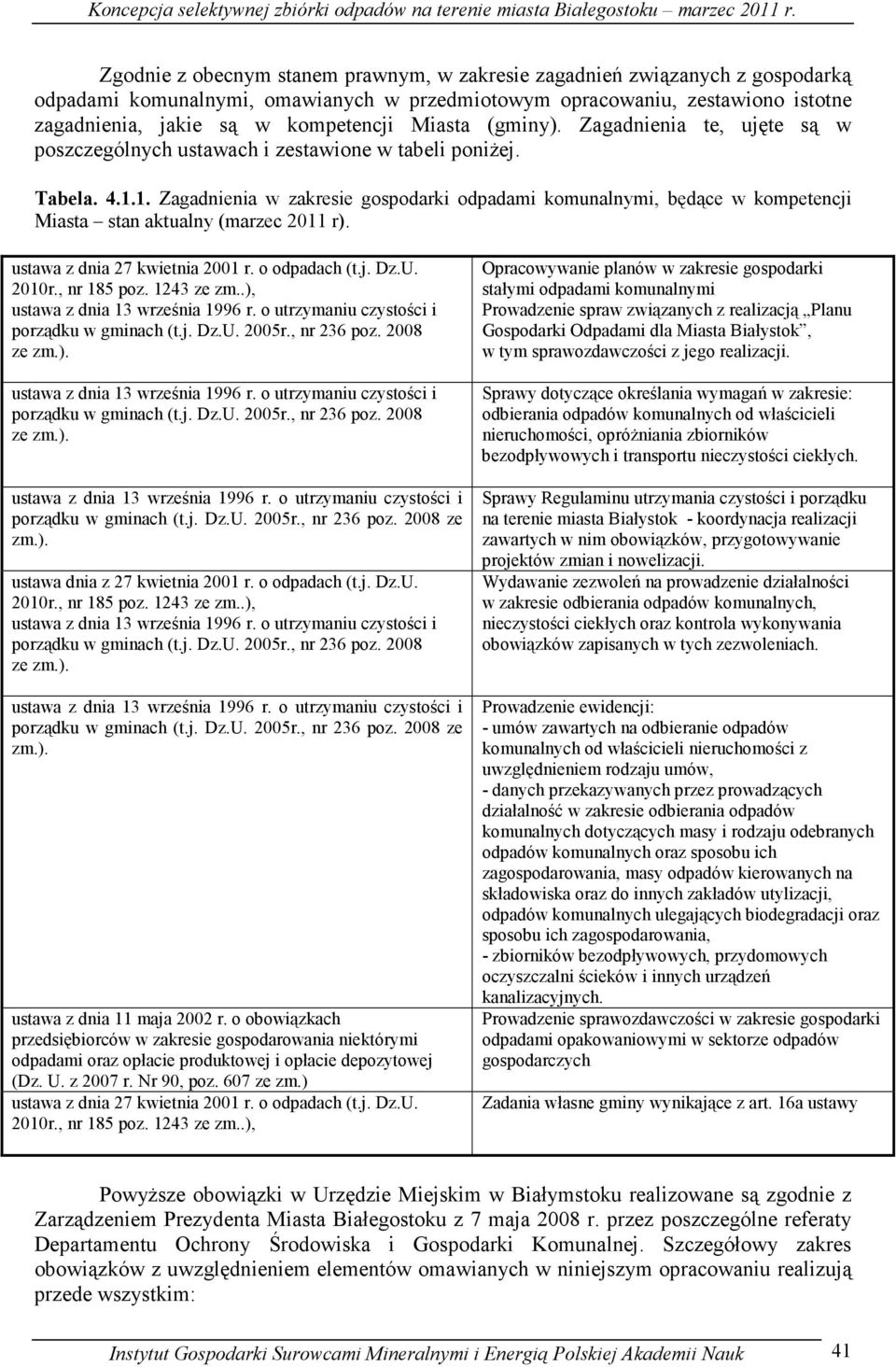 1. Zagadnienia w zakresie gospodarki odpadami komunalnymi, będące w kompetencji Miasta stan aktualny (marzec 2011 r). ustawa z dnia 27 kwietnia 2001 r. o odpadach (t.j. Dz.U. 2010r., nr 185 poz.