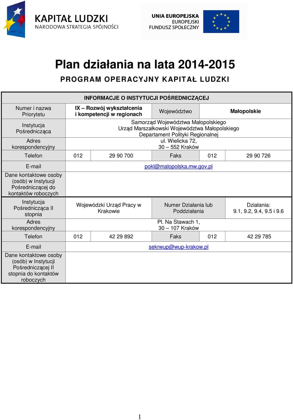 Wielicka 72, 30 552 Kraków Małopolskie Telefon 012 29 90 700 Faks 012 29 90 726 E-mail Dane kontaktowe osoby (osób) w Instytucji Pośredniczącej kontaktów roboczych Instytucja Pośrednicząca II stopnia