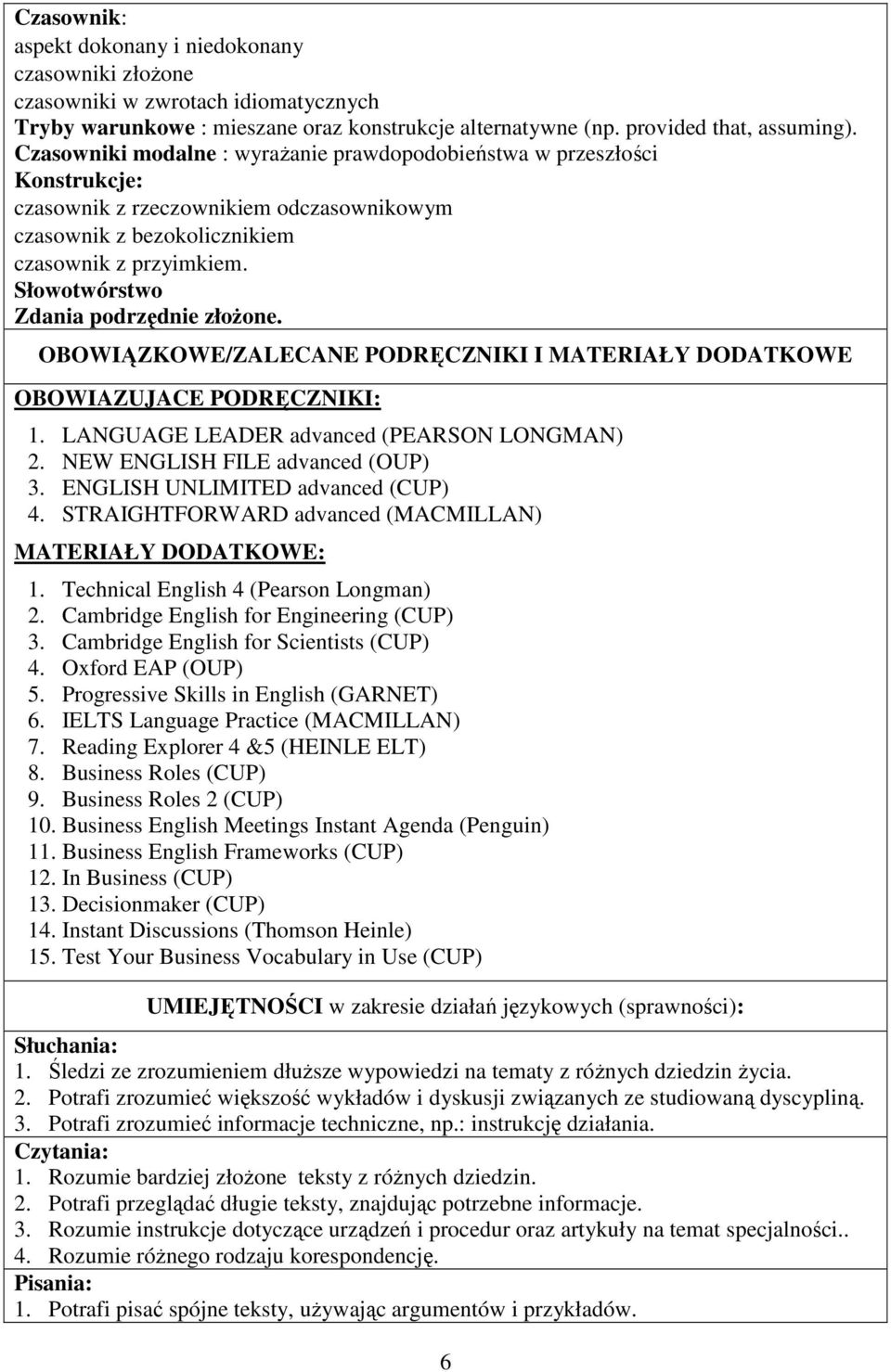 Słowotwórstwo Zdania podrzędnie złożone. OBOWIĄZKOWE/ZALECANE PODRĘCZNIKI I MATERIAŁY DODATKOWE OBOWIAZUJACE PODRĘCZNIKI: 1. LANGUAGE LEADER advanced (PEARSON LONGMAN) 2.