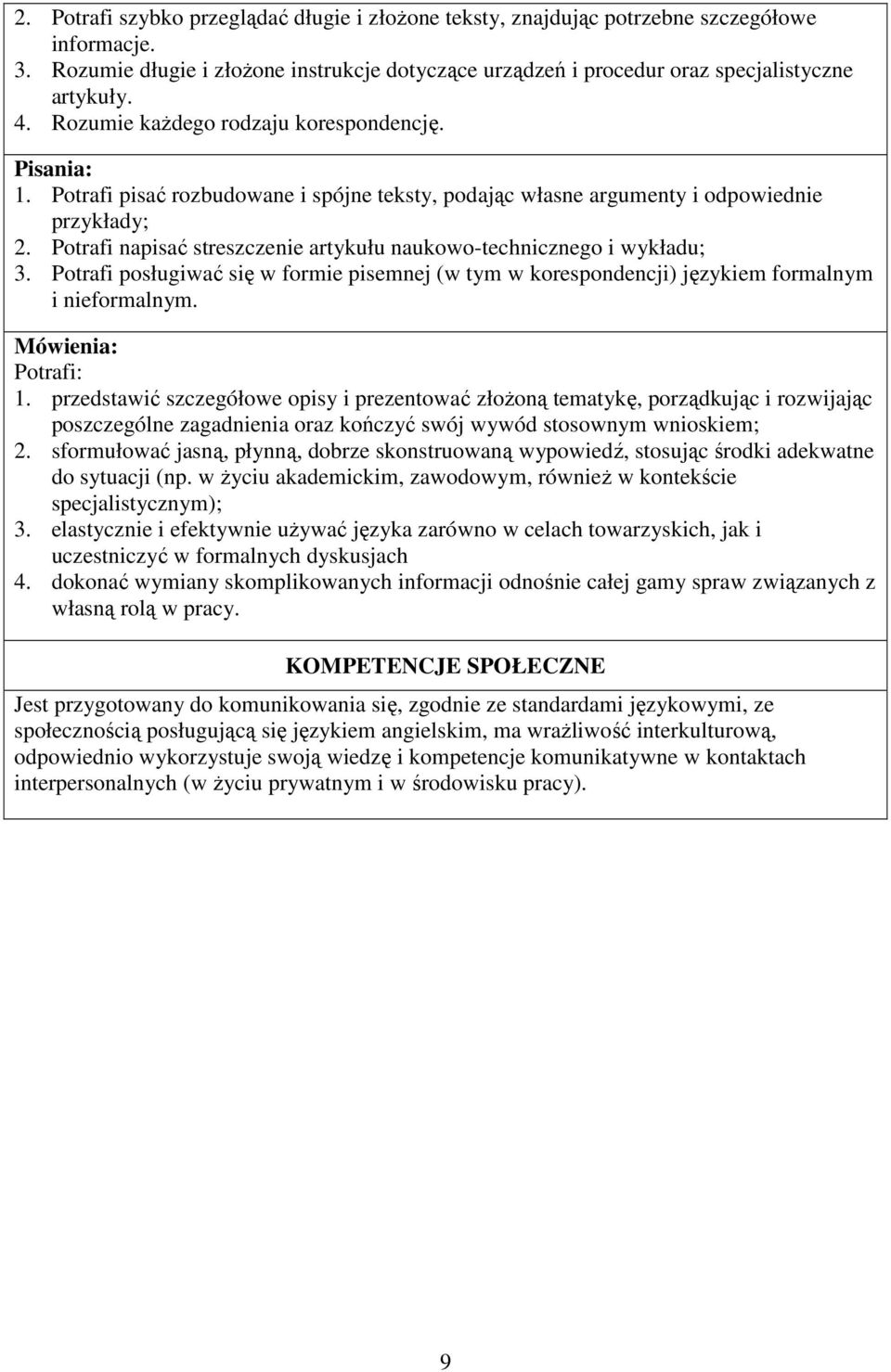Potrafi napisać streszczenie artykułu naukowo-technicznego i wykładu; 3. Potrafi posługiwać się w formie pisemnej (w tym w korespondencji) językiem formalnym i nieformalnym. Mówienia: 1.
