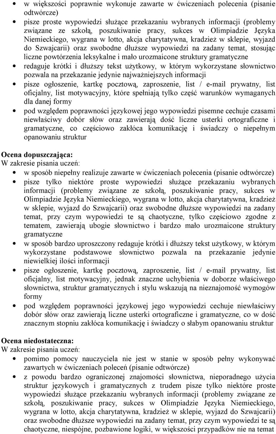 leksykalne i mało urozmaicone struktury gramatyczne redaguje krótki i dłuższy tekst użytkowy, w którym wykorzystane słownictwo pozwala na przekazanie jedynie najważniejszych informacji pisze