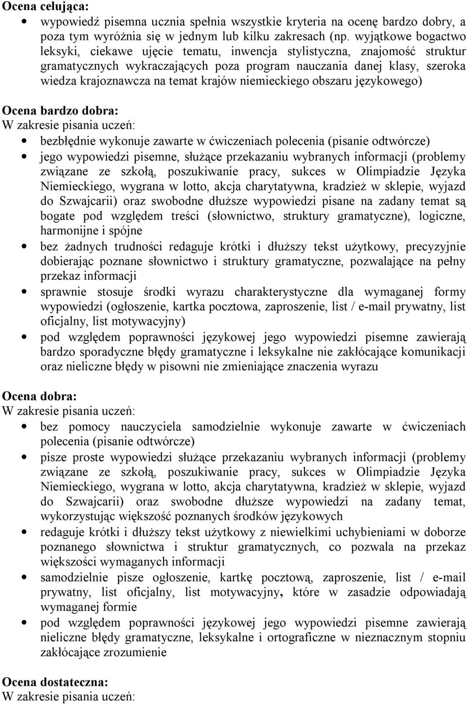 krajów niemieckiego obszaru językowego) Ocena bardzo dobra: W zakresie pisania uczeń: bezbłędnie wykonuje zawarte w ćwiczeniach polecenia (pisanie odtwórcze) jego wypowiedzi pisemne, służące