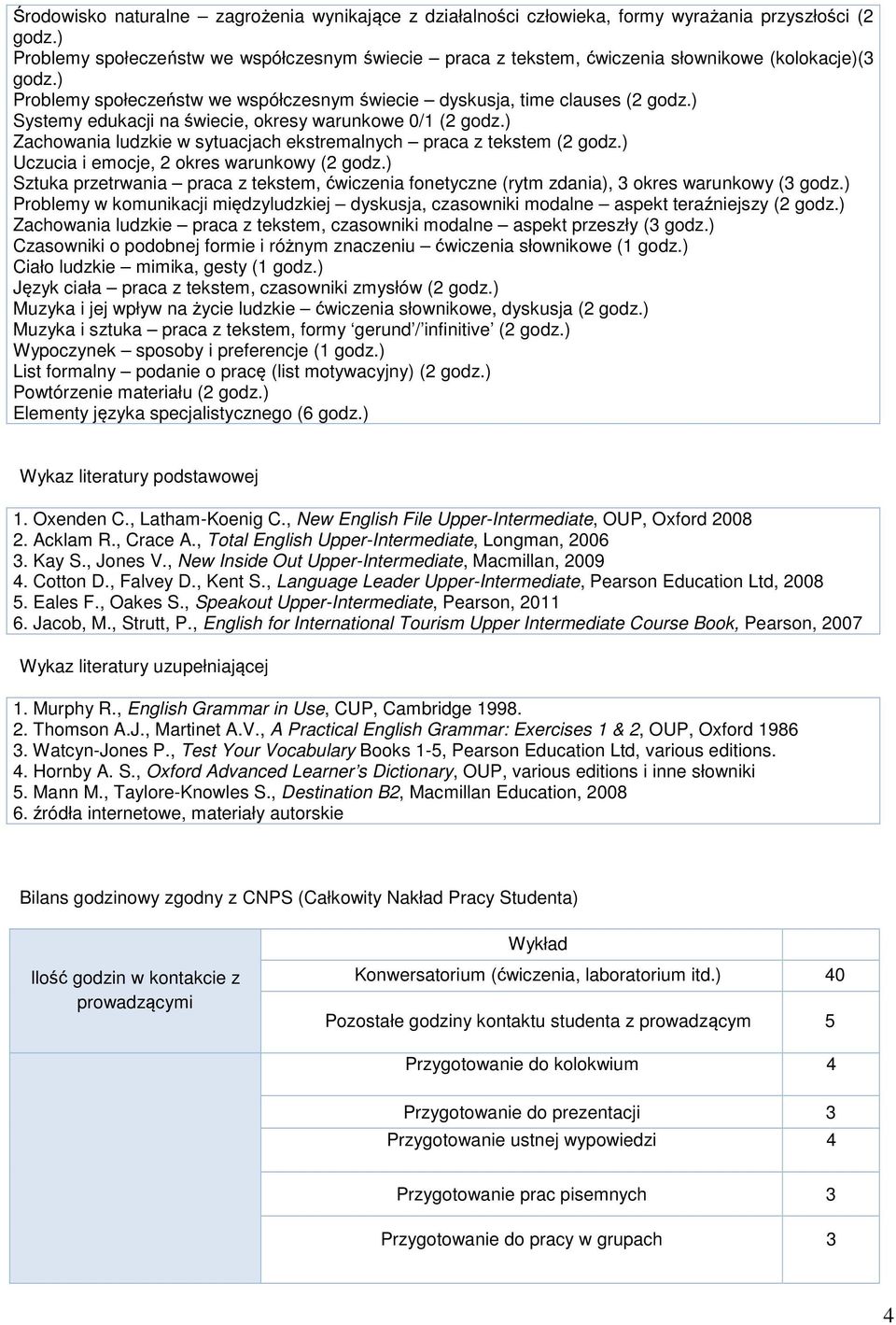 ) Systemy edukacji na świecie, okresy warunkowe 0/1 (2 godz.) Zachowania ludzkie w sytuacjach ekstremalnych praca z tekstem (2 godz.) Uczucia i emocje, 2 okres warunkowy (2 godz.