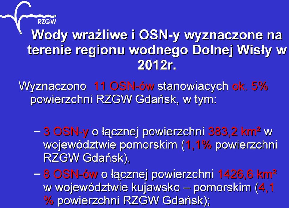 5% powierzchni RZGW Gdańsk, w tym: 3 OSN-y o łącznej powierzchni 383,2 km² w województwie