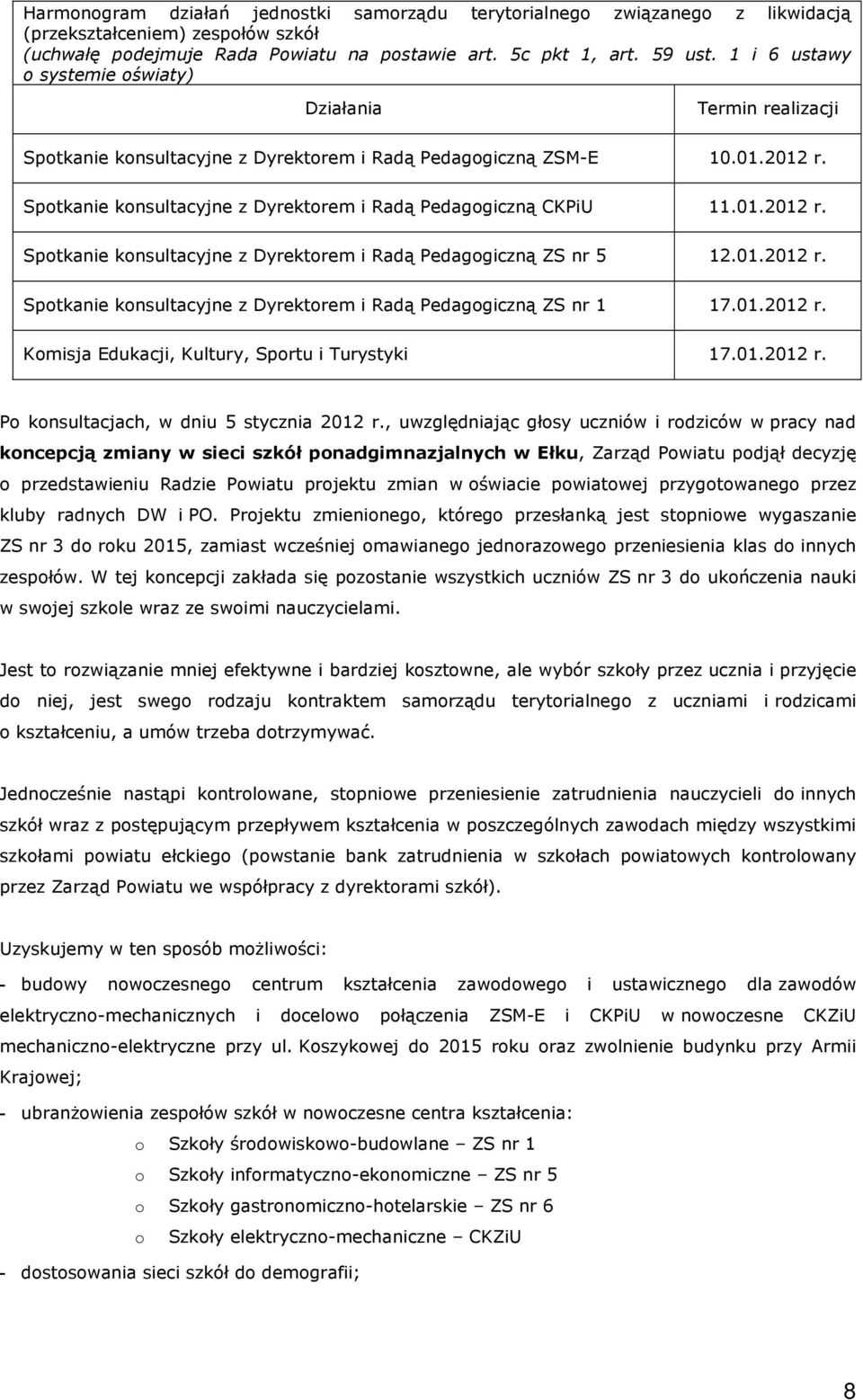 Spotkanie konsultacyjne z Dyrektorem i Radą Pedagogiczną CKPiU 11.01.2012 r. Spotkanie konsultacyjne z Dyrektorem i Radą Pedagogiczną ZS nr 5 12.01.2012 r. Spotkanie konsultacyjne z Dyrektorem i Radą Pedagogiczną ZS nr 1 17.