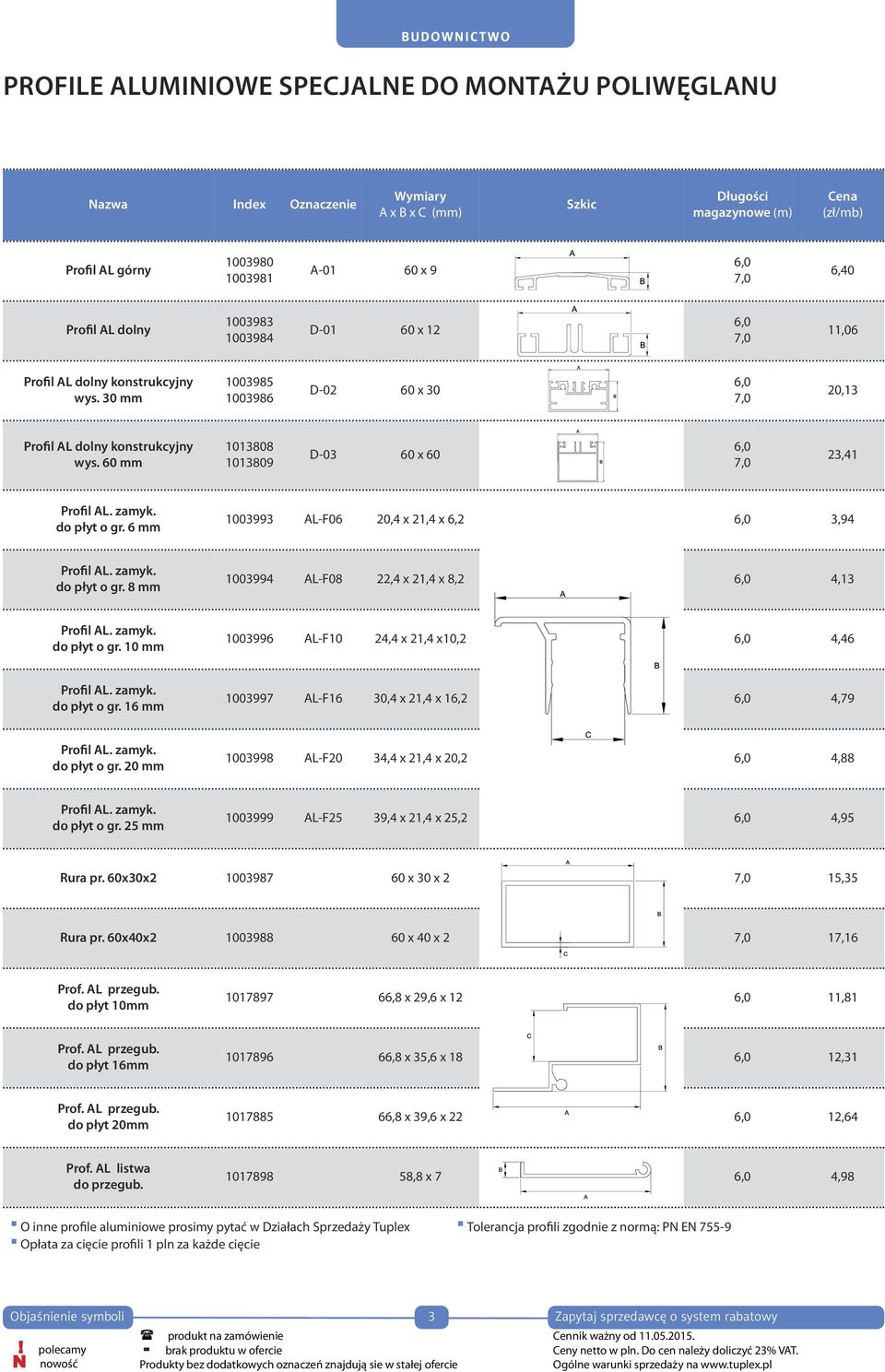 60 mm 1013808 1013809 D-03 60 x 60 6,0 7,0 23,41 Profil AL. zamyk. do płyt o gr. 6 mm 1003993 AL-F06 20,4 x 21,4 x 6,2 6,0 3,94 Profil AL. zamyk. do płyt o gr. 8 mm 1003994 AL-F08 22,4 x 21,4 x 8,2 6,0 4,13 Profil AL.