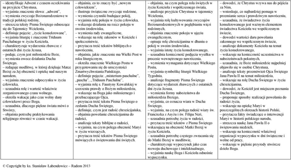życia Jezusa, podaje, czym jest miłosierdzie Boże, wymienia owoce działania Ducha Świętego, redaguje modlitwę, w której dziękuje Matce Bożej za Jej obecność i opiekę nad naszym narodem, wyjaśnia