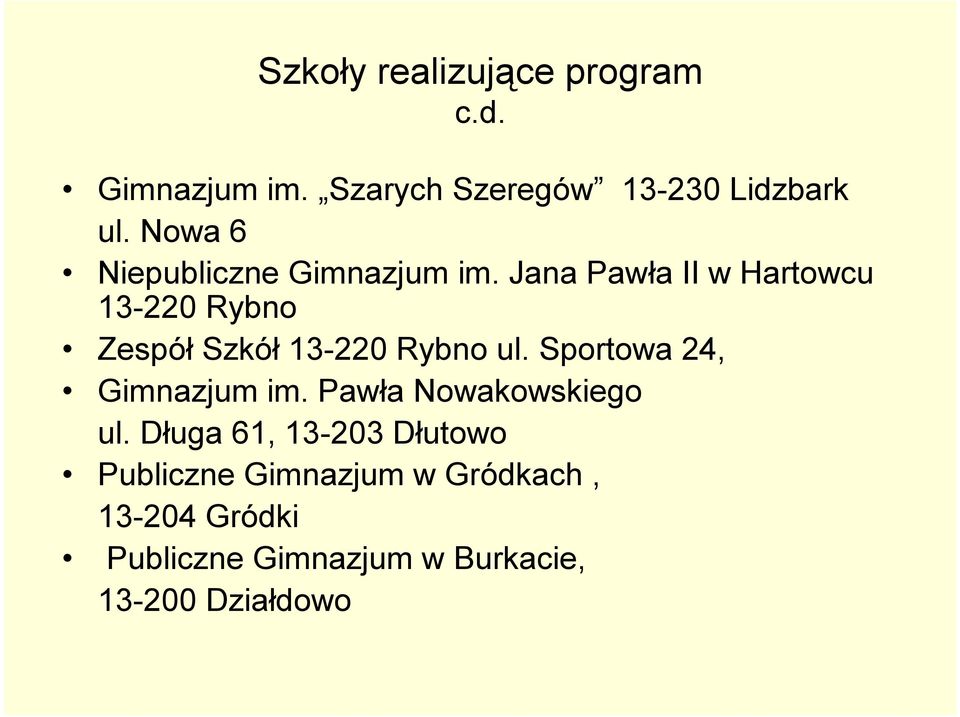 Jana Pawła II w Hartowcu 13-220 Rybno Zespół Szkół 13-220 Rybno ul.