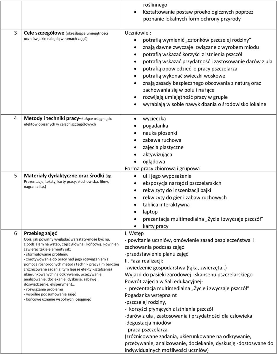 ) 6 Przebieg zajęć Opis, jak powinny wyglądać warsztaty-może być np. z podziałem na wstęp, część główną i końcową.
