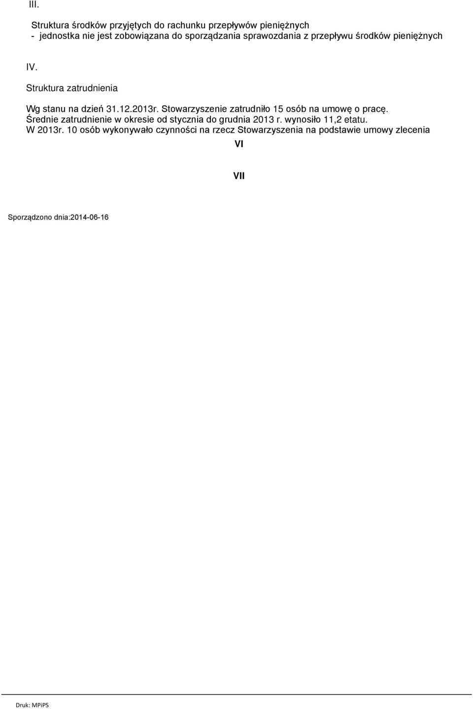 Stowarzyszenie zatrudniło 15 osób na umowę o pracę. Średnie zatrudnienie w okresie od stycznia do grudnia 2013 r.