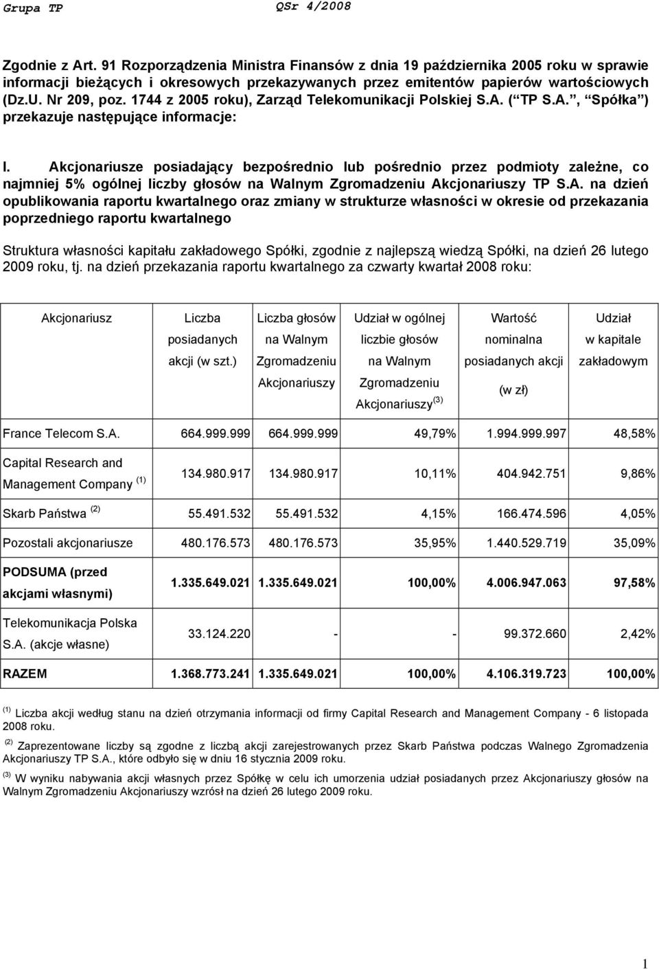 1744 z 2005 roku), Zarząd Telekomunikacji Polskiej S.A. ( TP S.A., Spółka ) przekazuje następujące informacje: I.