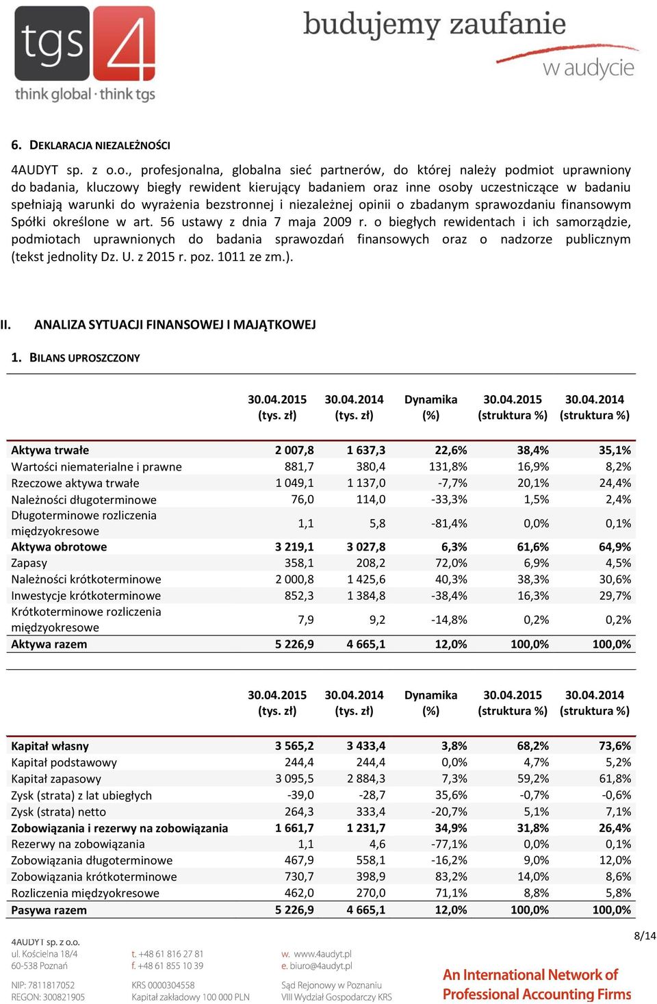 wyrażenia bezstronnej i niezależnej opinii o zbadanym sprawozdaniu finansowym Spółki określone w art. 56 ustawy z dnia 7 maja 2009 r.