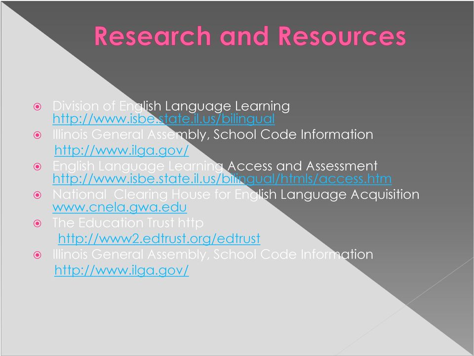 gov/ English Language Learning Access and Assessment http://www.isbe.state.il.us/bilingual/htmls/access.