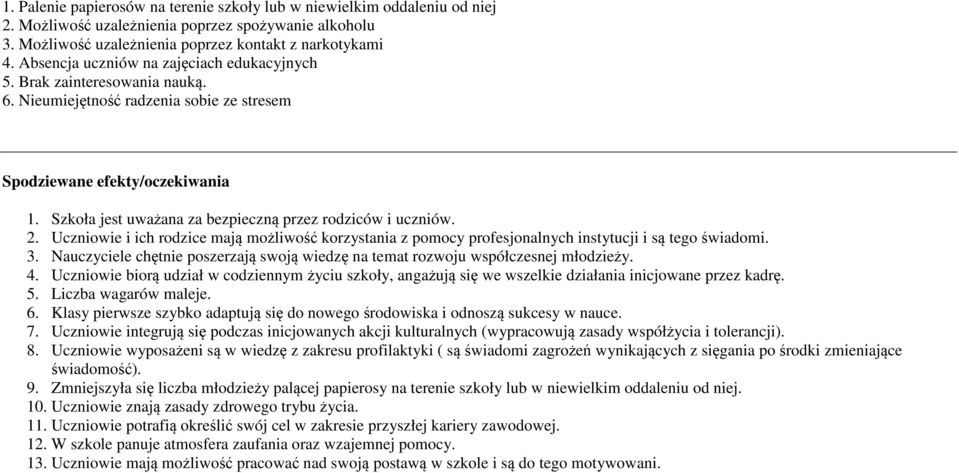 Szkoła jest uważana za bezpieczną przez rodziców i uczniów. 2. Uczniowie i ich rodzice mają możliwość korzystania z pomocy profesjonalnych instytucji i są tego świadomi. 3.