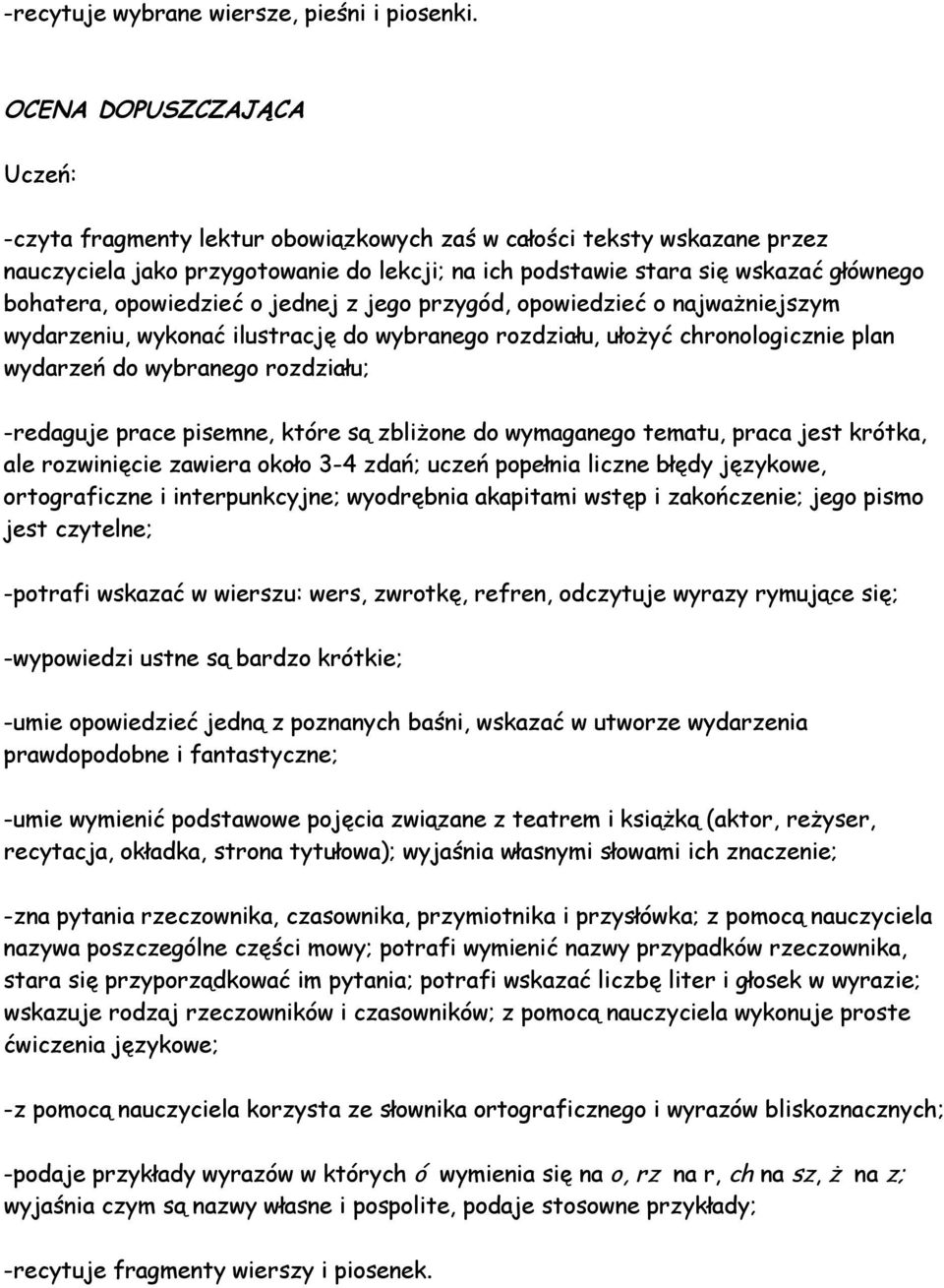 opowiedzieć o jednej z jego przygód, opowiedzieć o najważniejszym wydarzeniu, wykonać ilustrację do wybranego rozdziału, ułożyć chronologicznie plan wydarzeń do wybranego rozdziału; -redaguje prace