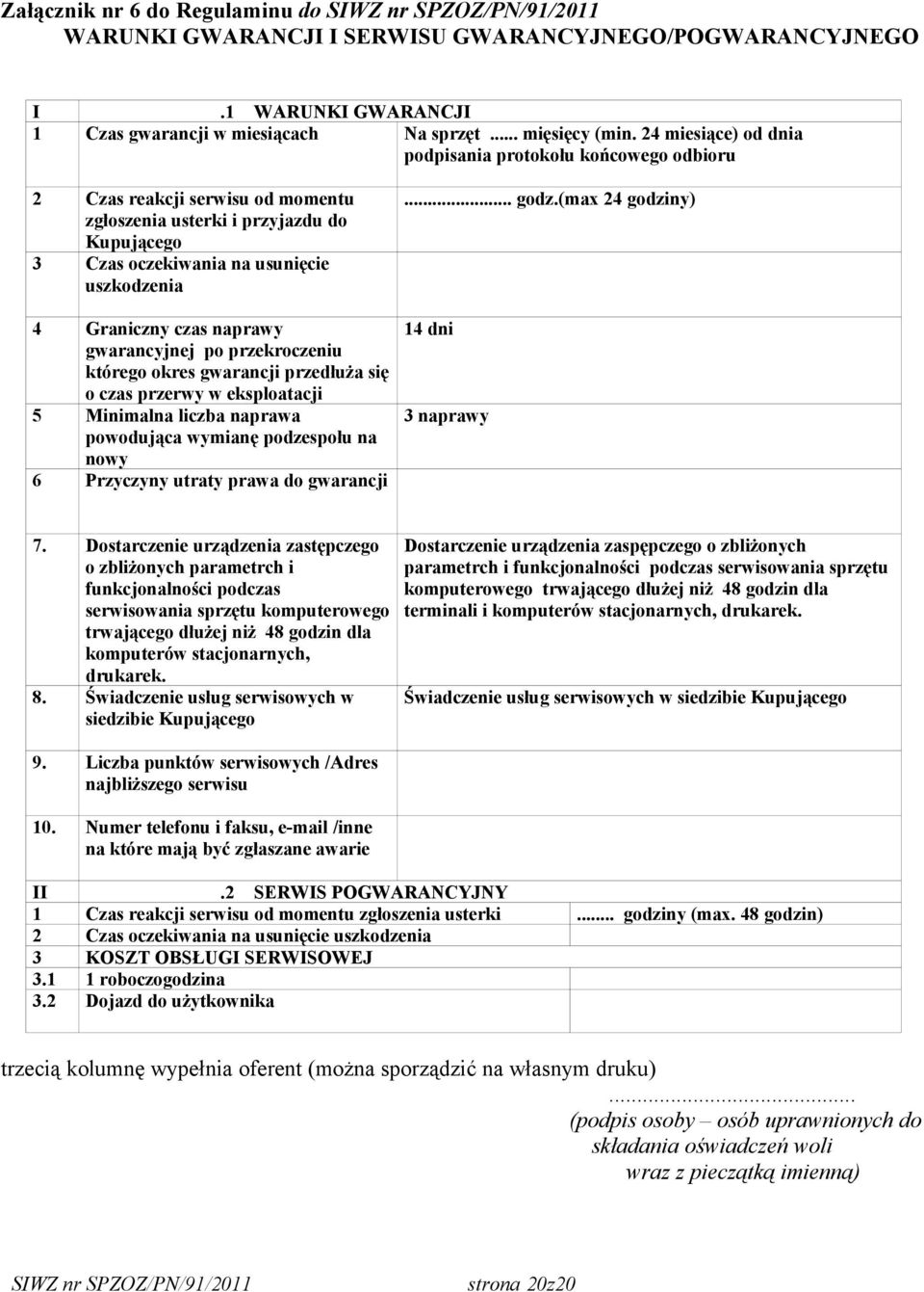 naprawy gwarancyjnej po przekroczeniu którego okres gwarancji przedłuża się o czas przerwy w eksploatacji 5 Minimalna liczba naprawa powodująca wymianę podzespołu na nowy 6 Przyczyny utraty prawa do