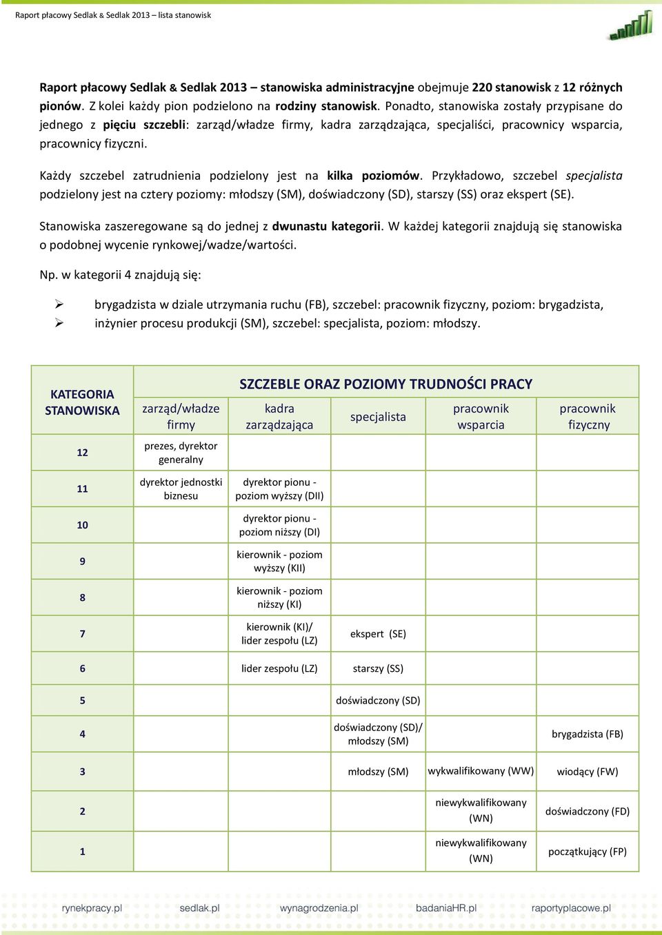 Każdy szczebel zatrudnienia podzielony jest na kilka poziomów. Przykładowo, szczebel specjalista podzielony jest na cztery poziomy: młodszy (SM), doświadczony (SD), starszy (SS) oraz ekspert (SE).