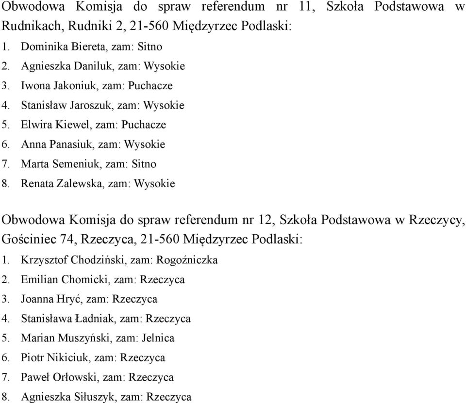 Renata Zalewska, zam: Wysokie Obwodowa Komisja do spraw referendum nr 12, Szkoła Podstawowa w Rzeczycy, Gościniec 74, Rzeczyca, 21-560 Międzyrzec Podlaski: 1.