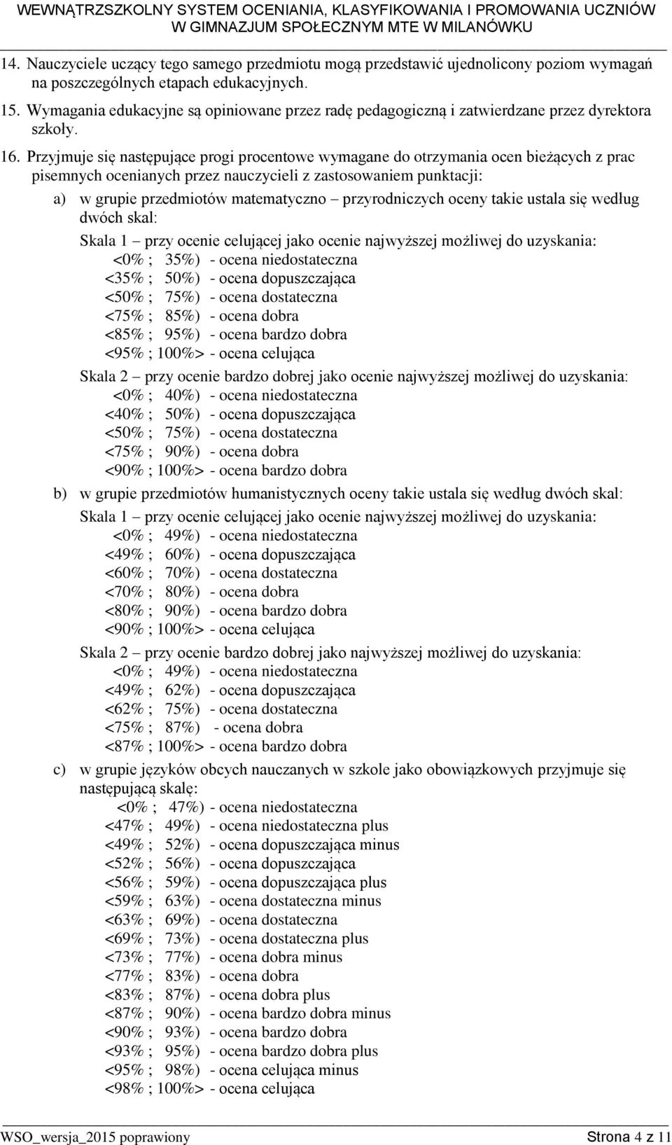 Przyjmuje się następujące progi procentowe wymagane do otrzymania ocen bieżących z prac pisemnych ocenianych przez nauczycieli z zastosowaniem punktacji: a) w grupie przedmiotów matematyczno