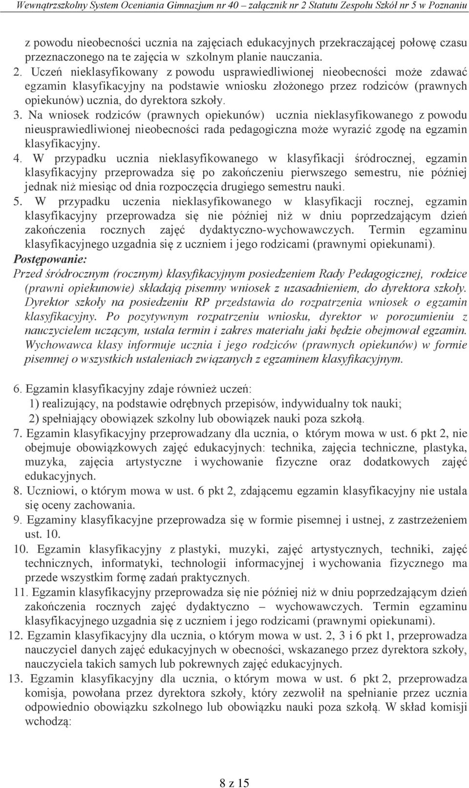 Na wniosek rodziców (prawnych opiekunów) ucznia nieklasyfikowanego z powodu nieusprawiedliwionej nieobecności rada pedagogiczna może wyrazić zgodę na egzamin klasyfikacyjny. 4.