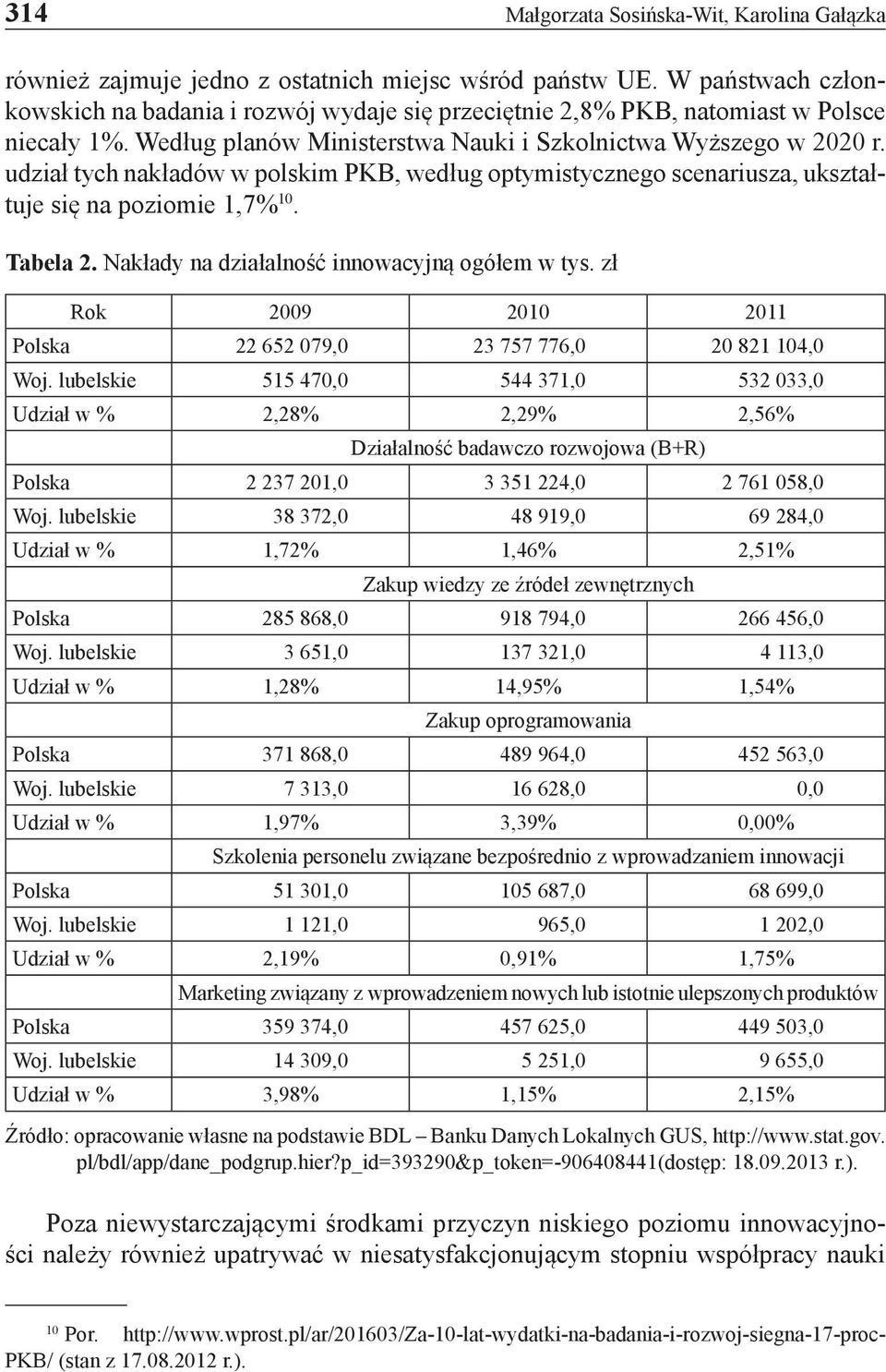 udział tych nakładów w polskim PKB, według optymistycznego scenariusza, ukształtuje się na poziomie 1,7% 10. Tabela 2. Nakłady na działalność innowacyjną ogółem w tys.