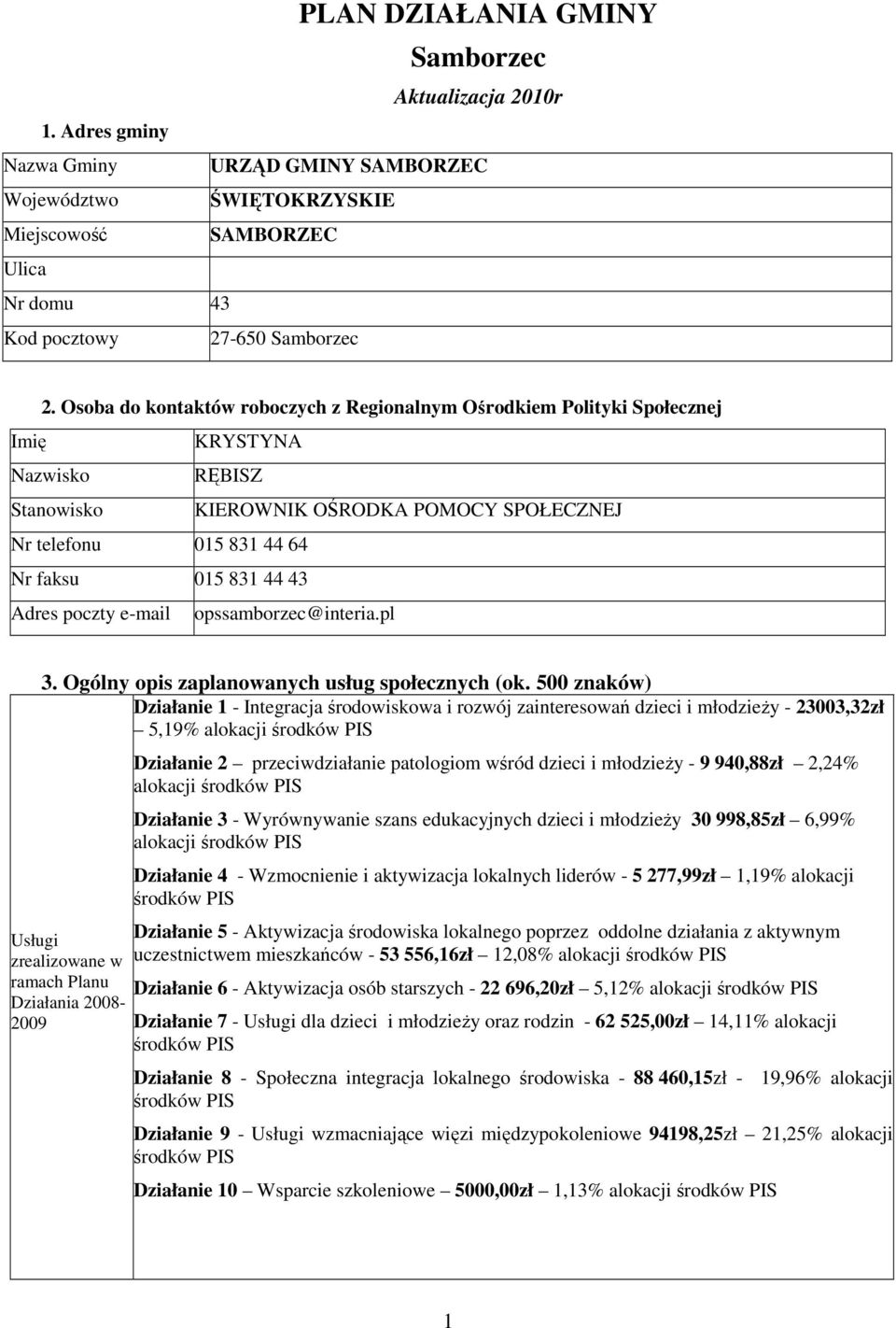Adres poczty e-mail opssamborzec@interia.pl 3. Ogólny opis zaplanowanych usług społecznych (ok.