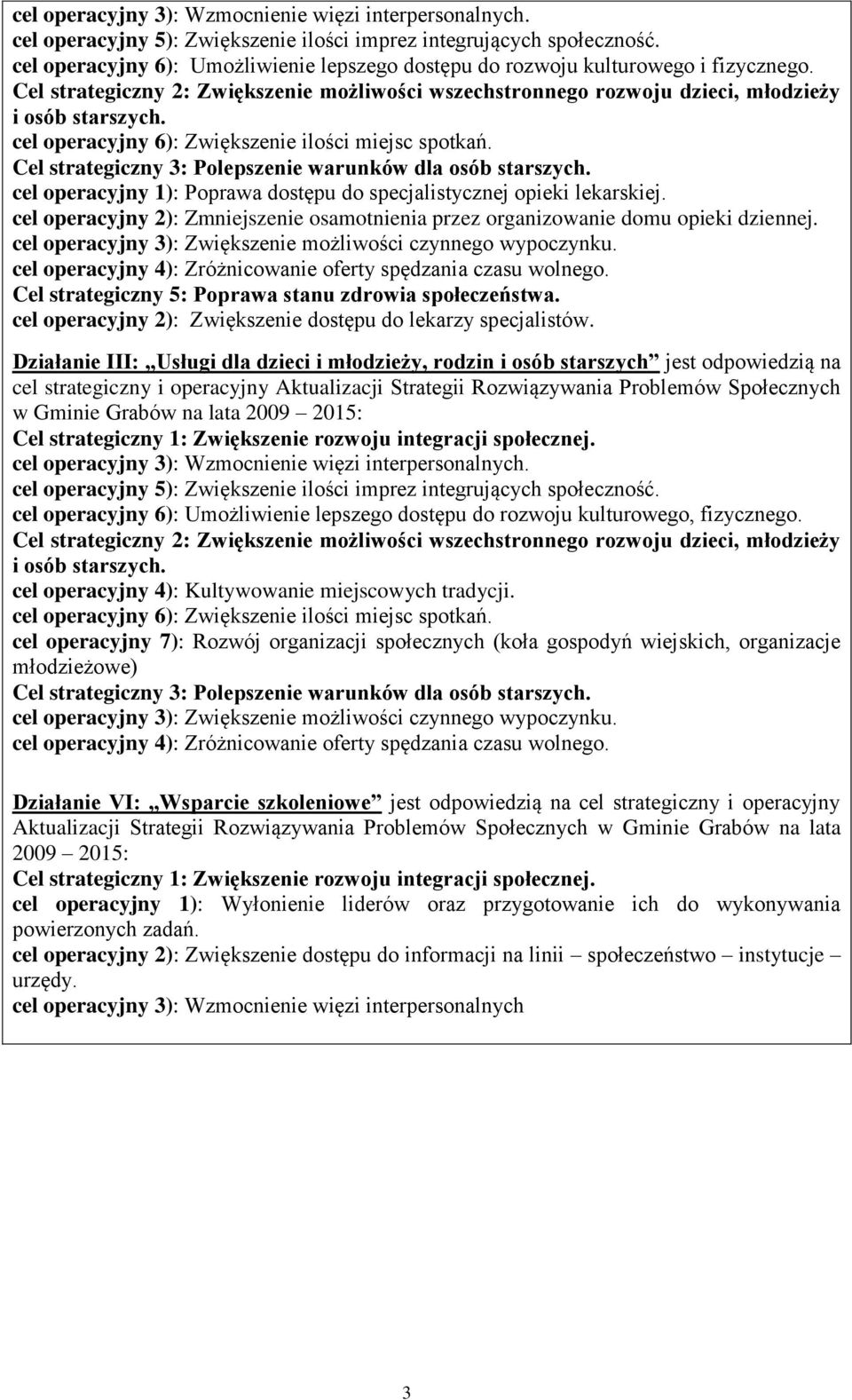 cel operacyjny 6): Zwiększenie ilości miejsc spotkań. Cel strategiczny 3: Polepszenie warunków dla osób starszych. cel operacyjny 1): Poprawa dostępu do specjalistycznej opieki lekarskiej.