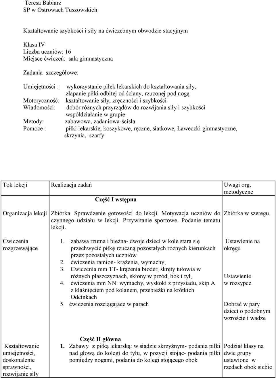 szybkości dobór różnych przyrządów do rozwijania siły i szybkości współdziałanie w grupie zabawowa, zadaniowa-ścisła piłki lekarskie, koszykowe, ręczne, siatkowe, Ławeczki gimnastyczne, skrzynia,