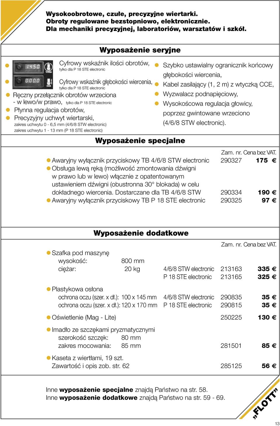 obrotów, tylko dla P 18 STE electronic Cyfrowy wskaênik g bokoêci wiercenia, tylko dla P 18 STE electronic R czny prze àcznik obrotów wrzeciona - w lewo/w prawo, tylko dla P 18 STE electronic Wyposa