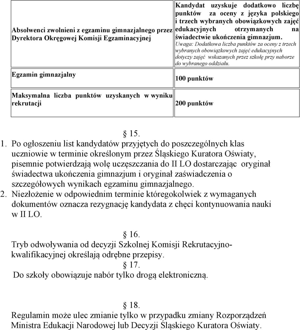 Uwaga: Dodatkowa liczba punktów za oceny z trzech wybranych obowiązkowych zajęć edukacyjnych dotyczy zajęć wskazanych przez szkołę przy naborze do wybranego oddziału. 10