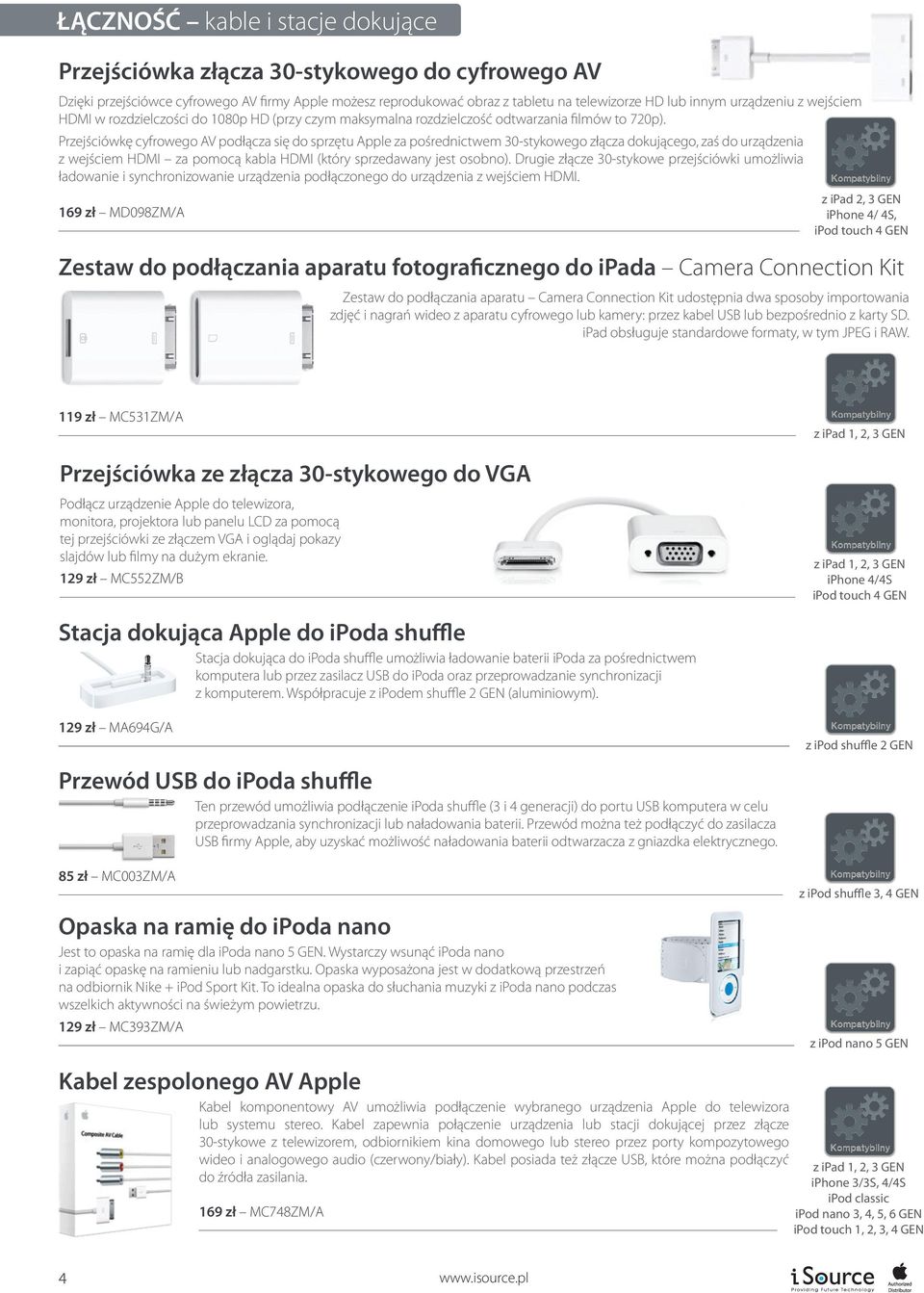 Przejściówkę cyfrowego AV podłącza się do sprzętu Apple za pośrednictwem 30-stykowego złącza dokującego, zaś do urządzenia z wejściem HDMI za pomocą kabla HDMI (który sprzedawany jest osobno).
