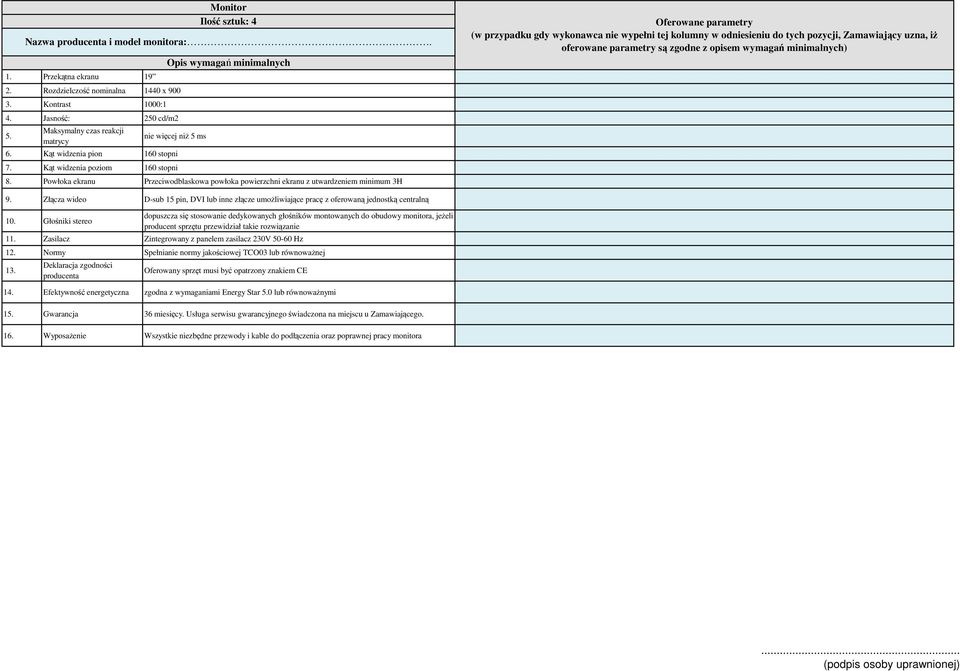 Powłoka ekranu Przeciwodblaskowa powłoka powierzchni ekranu z utwardzeniem minimum 3H (w przypadku gdy wykonawca nie wypełni tej kolumny w odniesieniu do tych pozycji, Zamawiający uzna, iŝ oferowane