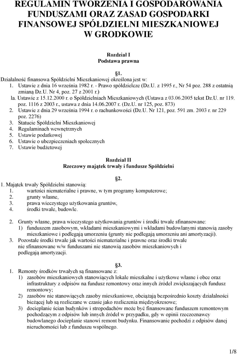 27 z 2001 r.) la. Ustawie z 15.12.2000 r. o Spółdzielniach Mieszkaniowych (Ustawa z 03.06.2005 tekst Dz.U. nr 119. poz. 1116 z 2003 r., ustawa z dnia 14.06.2007 r. (Dz.U. nr 125, poz. 873) 2.