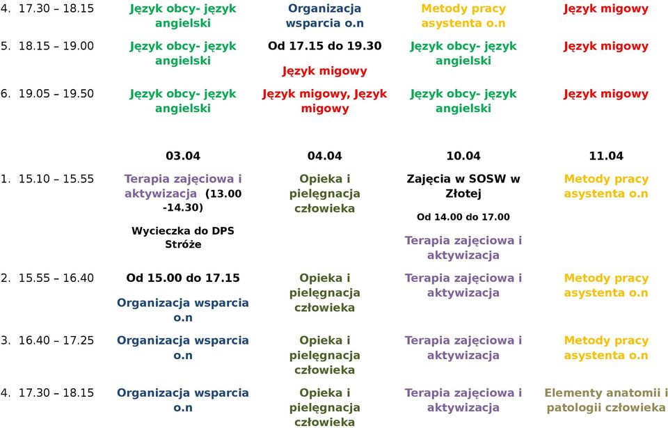 30) Wycieczka do DPS Stróże Zajęcia w SOSW w Złotej Od 14.00 do 17.00 2. 15.