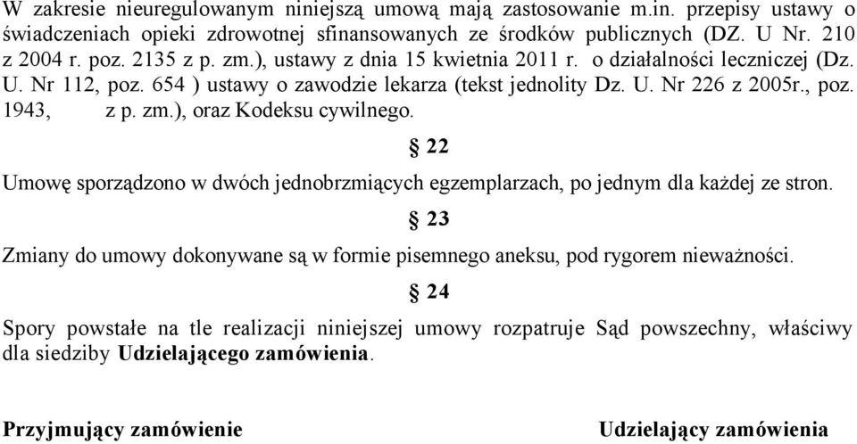 zm.), oraz Kodeksu cywilnego. 22 Umowę sporządzono w dwóch jednobrzmiących egzemplarzach, po jednym dla każdej ze stron.